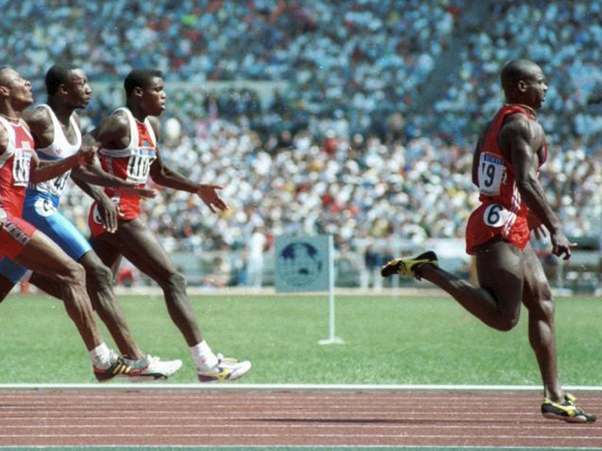 Ben johnson wins the 100m final at Seoul Olympics before his positive drug test
